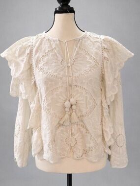Sea New York Lace Embroidered Blouse Size 6 Ruffle Sleeve Boho Romantic Top